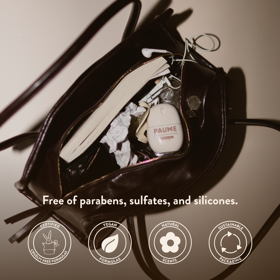 Open handbag with skincare products and 'PAUME' branding, featuring sustainability certification icons.