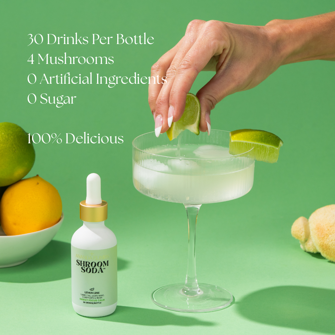 Lemon Lime Shroom Soda bottle with a cocktail and lime on a green background