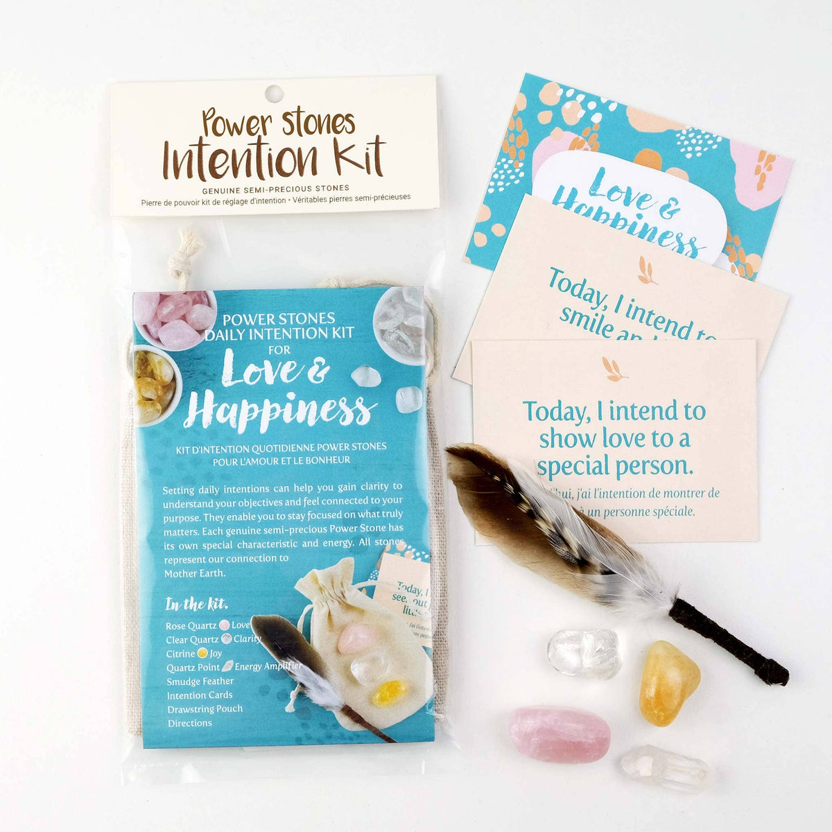 Love and Happiness Intention Kit with cards, feather, natural stones and packaging