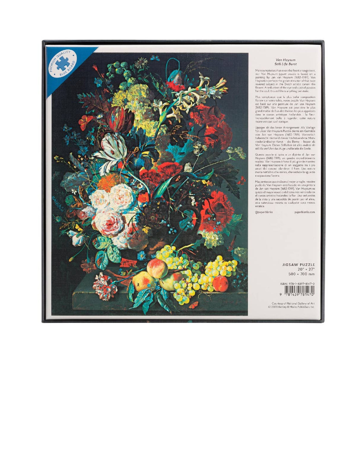 Back of the Van Huysum puzzle box with floral artwork and product details