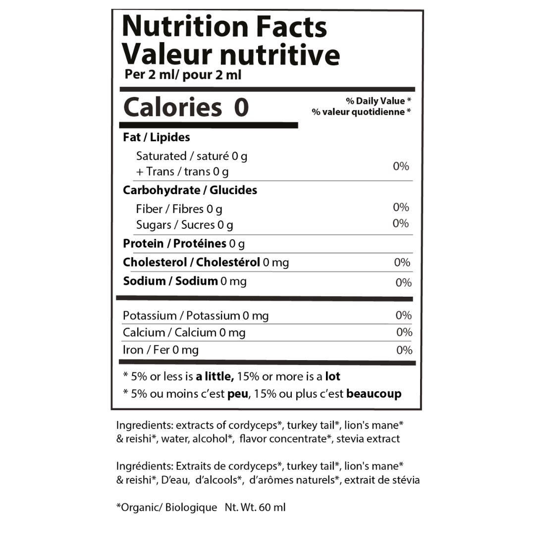 Nutrition facts label for Shroom Soda -  0 calories per 2 ml, featuring both English and French text.
