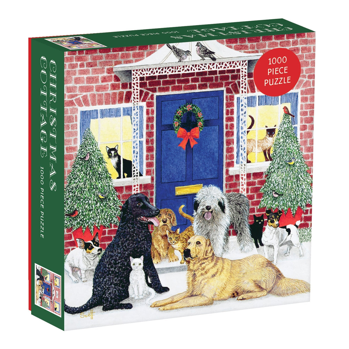 Christmas Cottage 1000-piece puzzle box showing animals outside a decorated cottage