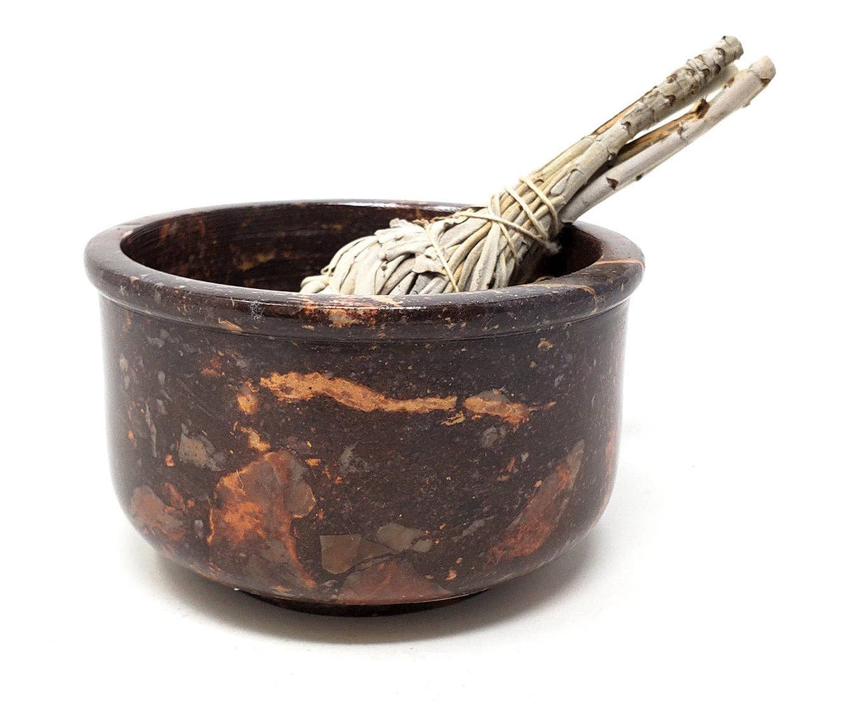 Soapstone Smudging Bowl with a bundle of sage on a white background