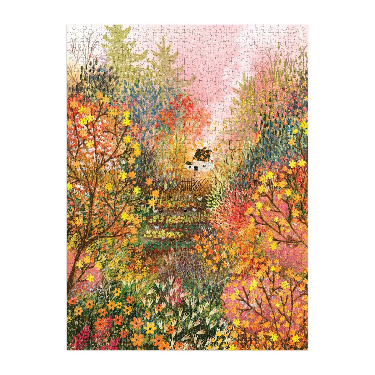 Colorful illustration of a garden scene with trees and flowers on a white background