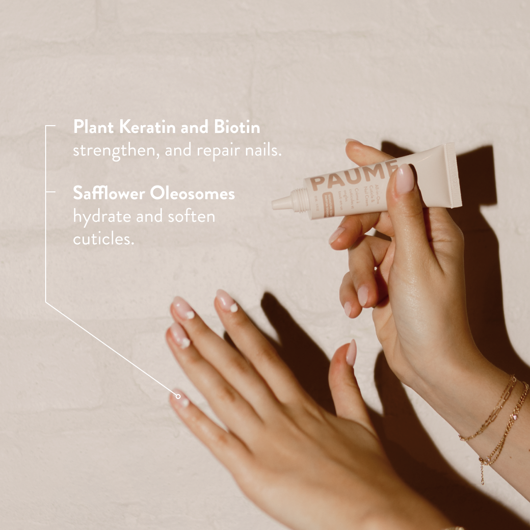 Hand applying All-in-One Cuticle & Nail Cream with text about plant keratin, biotin, safflower oleosomes, and cuticle care.