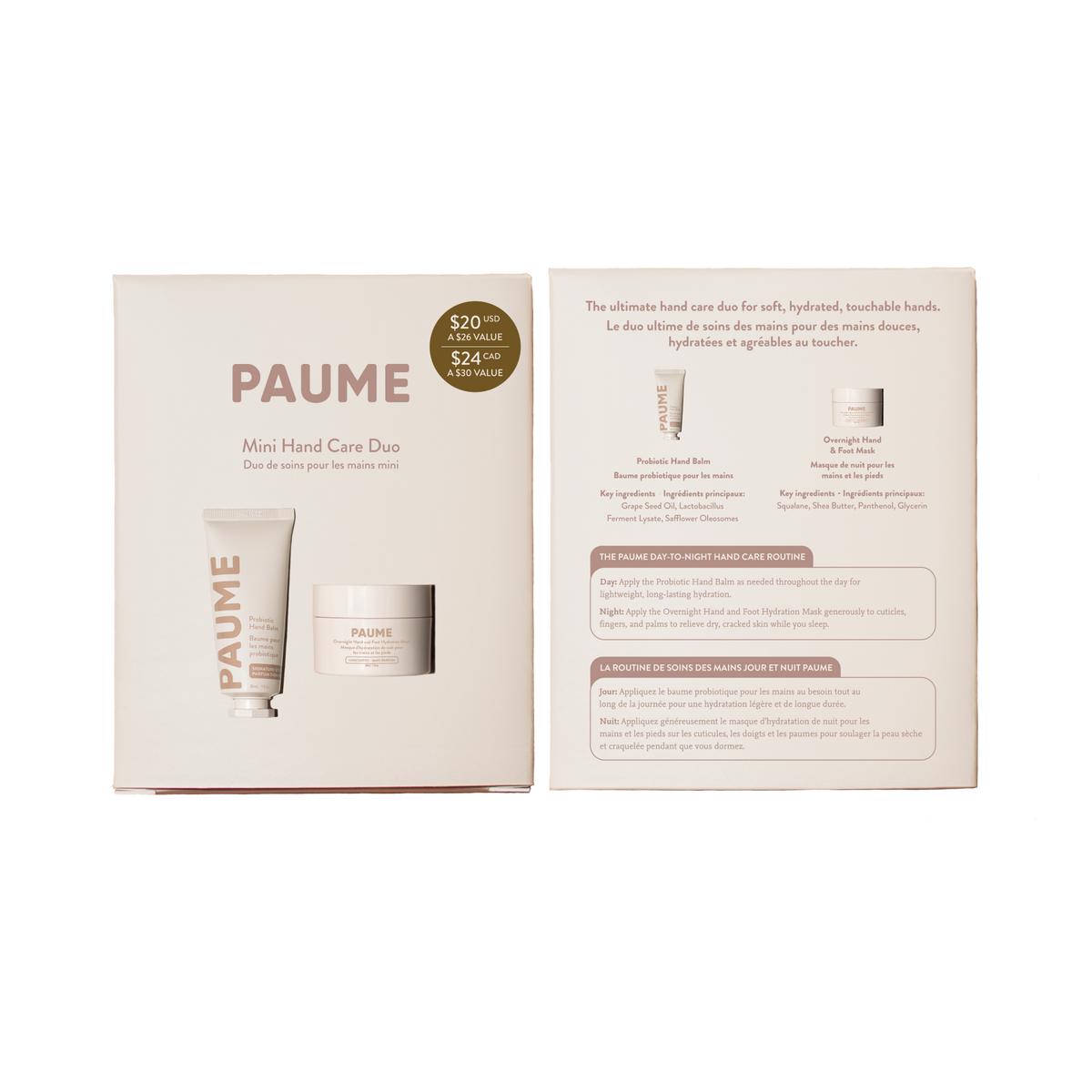 PAUME mini hand care duo set with front and back packaging