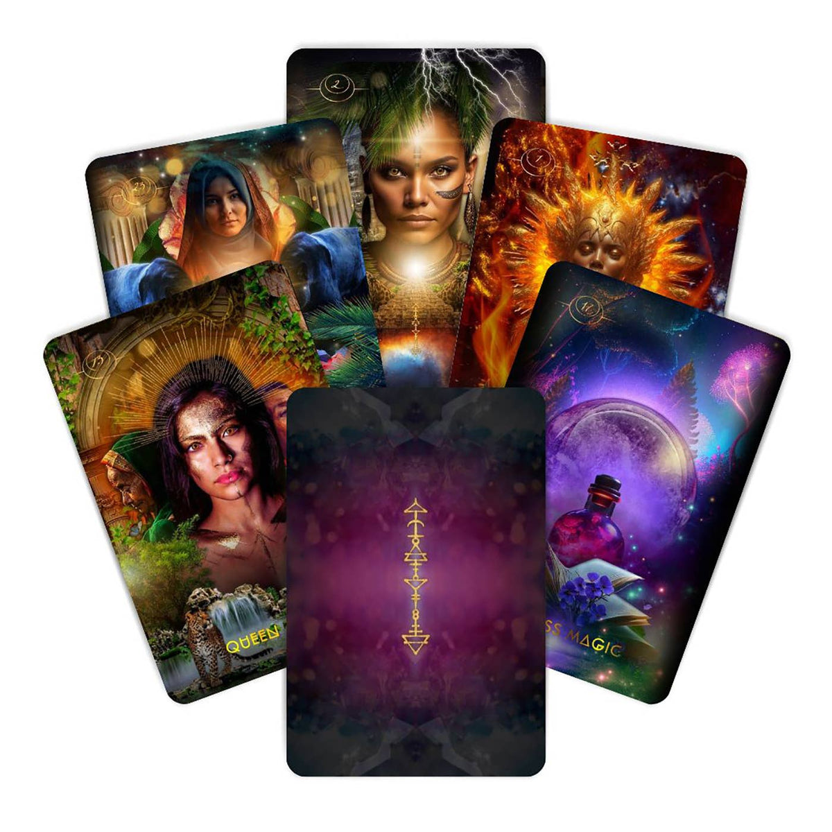 Set of tarot cards with various designs and characters on a white background
