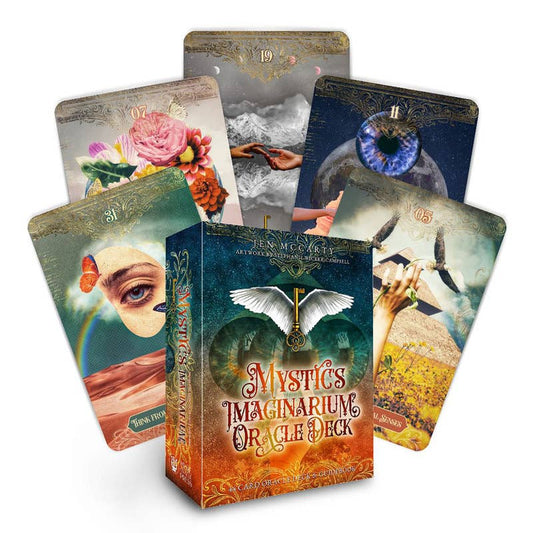 Mystic’s Imaginarium Oracle Deck box with a selection of illustrated cards