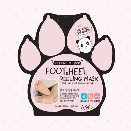 ésfolio Foot & Heel Peeling Mask in a black and pink paw-shaped package, featuring a cartoon panda and a small before/after foot photo on a light pink polka-dot background.