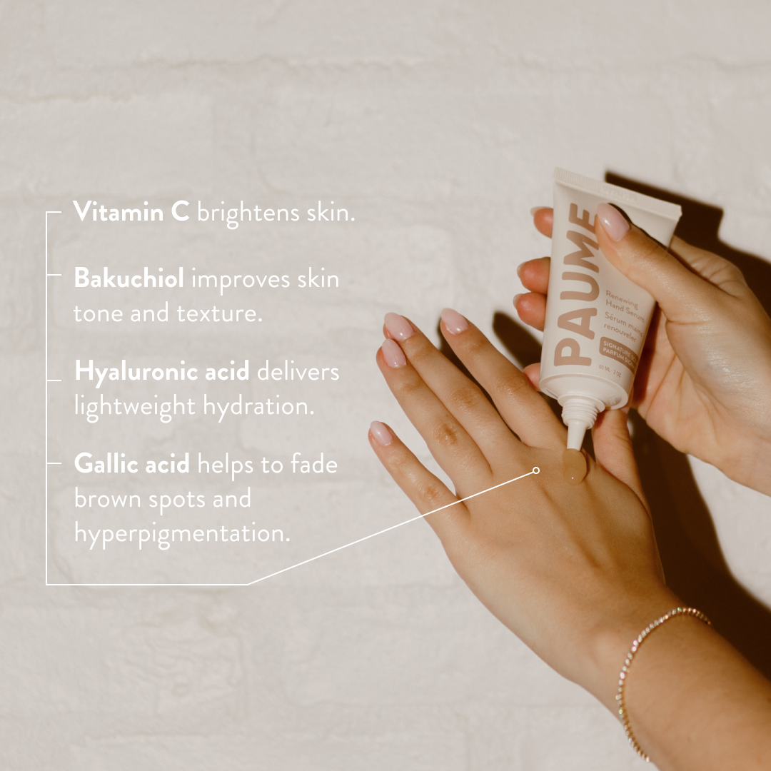 Hand applying PAUME hand serum with text about skincare benefits on a neutral background