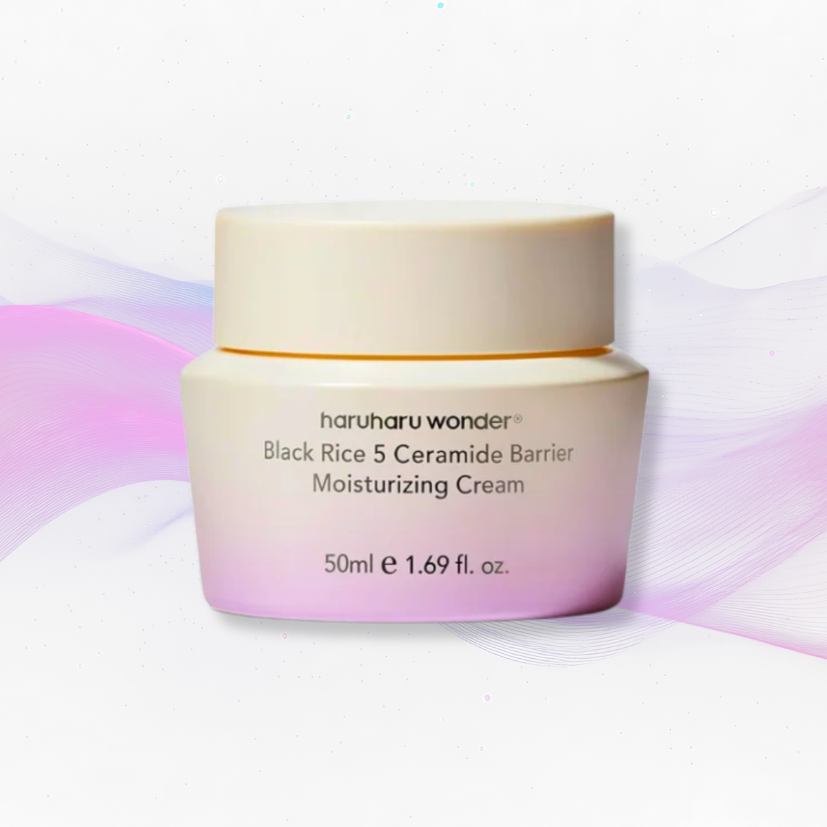 A 50ml jar of haruharu wonder Black Rice 5 Ceramide Barrier Moisturizing Cream, featuring a cream-colored lid and a beige-to-pink gradient container, set against a white background with soft pink and purple wavy lines.