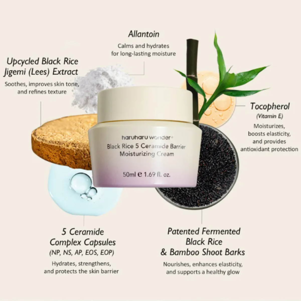 A cosmetic product listing graphic centered on a jar of Haruharu Wonder Black Rice 5 Ceramide Barrier Moisturizing Cream. The cream jar is shown with surrounding callout text and ingredient illustrations: upcycled black rice jigem (lees) extract, allantoin, tocopherol, 5 ceramide complex capsules, patented fermented black rice & bamboo shoot barks, and a bamboo shoot.