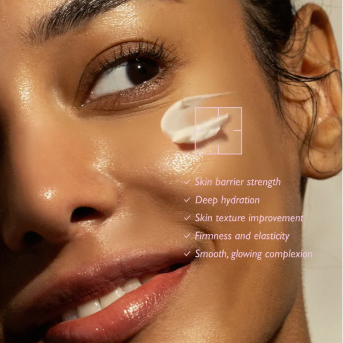Close-up of a woman's face with haruharu wonder Black Rice 5 Ceramide Barrier Moisturizing Cream applied to her cheek, showing glowing, hydrated skin. Text on the right lists benefits such as skin barrier strength, deep hydration, skin texture improvement, firmness and elasticity, and smooth glowing complexion.
