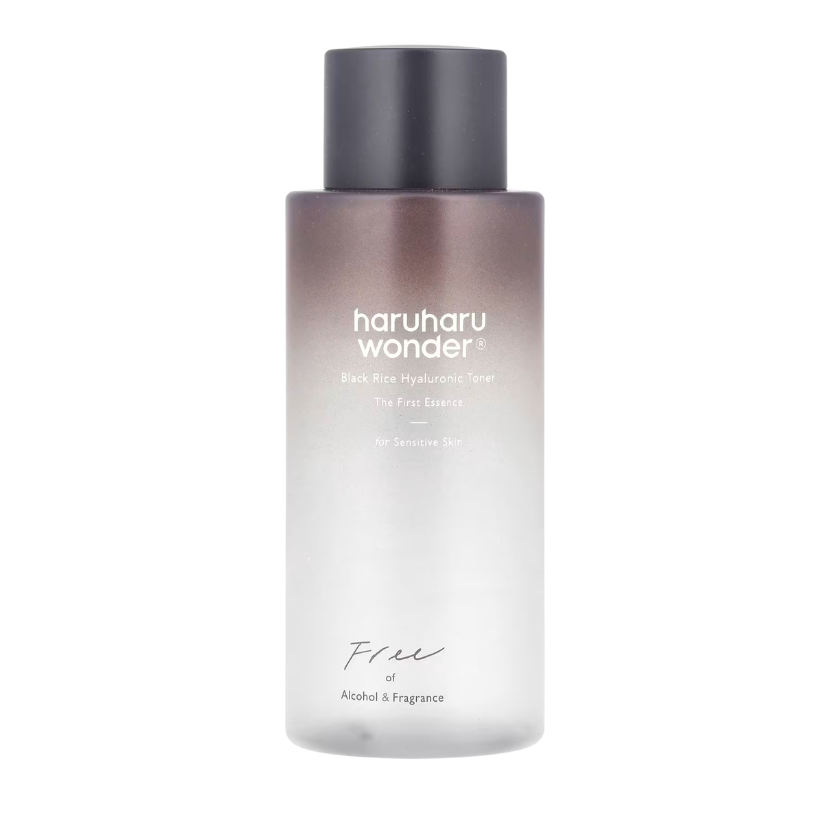 haruharu wonder - Black Rice Hyaluronic Toner Fragrance Free , featuring a frosted glass bottle that fades from a dark brownish-purple at the top to a translucent white at the bottom, with a matte black cap.