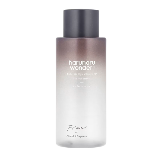 haruharu wonder - Black Rice Hyaluronic Toner Fragrance Free , featuring a frosted glass bottle that fades from a dark brownish-purple at the top to a translucent white at the bottom, with a matte black cap.