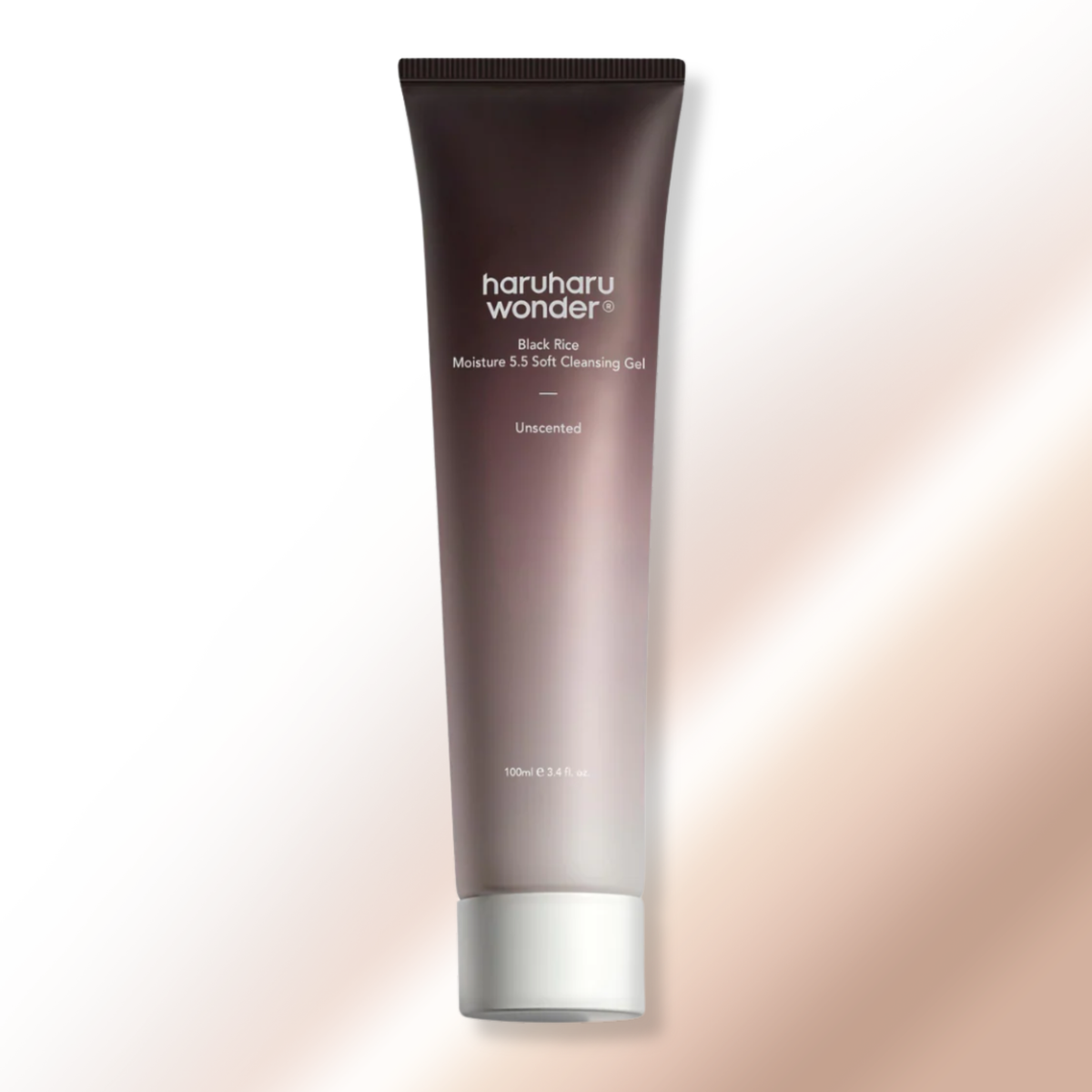 A single tube of haruharu wonder - Black Rice Moisture 5.5 Soft Cleansing Gel on a soft white background with a warm beige glow on the right side.