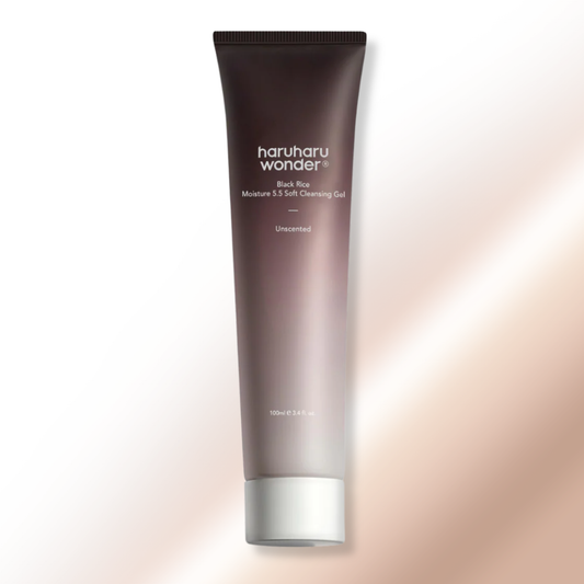 A single tube of haruharu wonder - Black Rice Moisture 5.5 Soft Cleansing Gel on a soft white background with a warm beige glow on the right side.