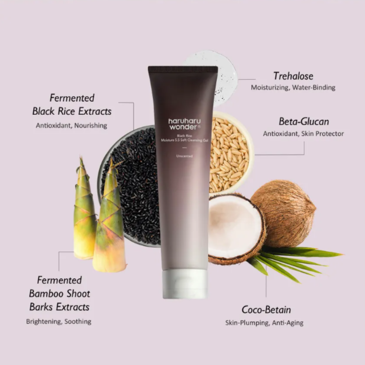 A tube of haruharu wonder - Black Rice Moisture 5.5 Soft Cleansing Gel centered on a pale lavender background, surrounded by ingredient callouts and photos including fermented black rice extracts, bamboo shoots, beta-glucan, trehalose, and coco-betain.