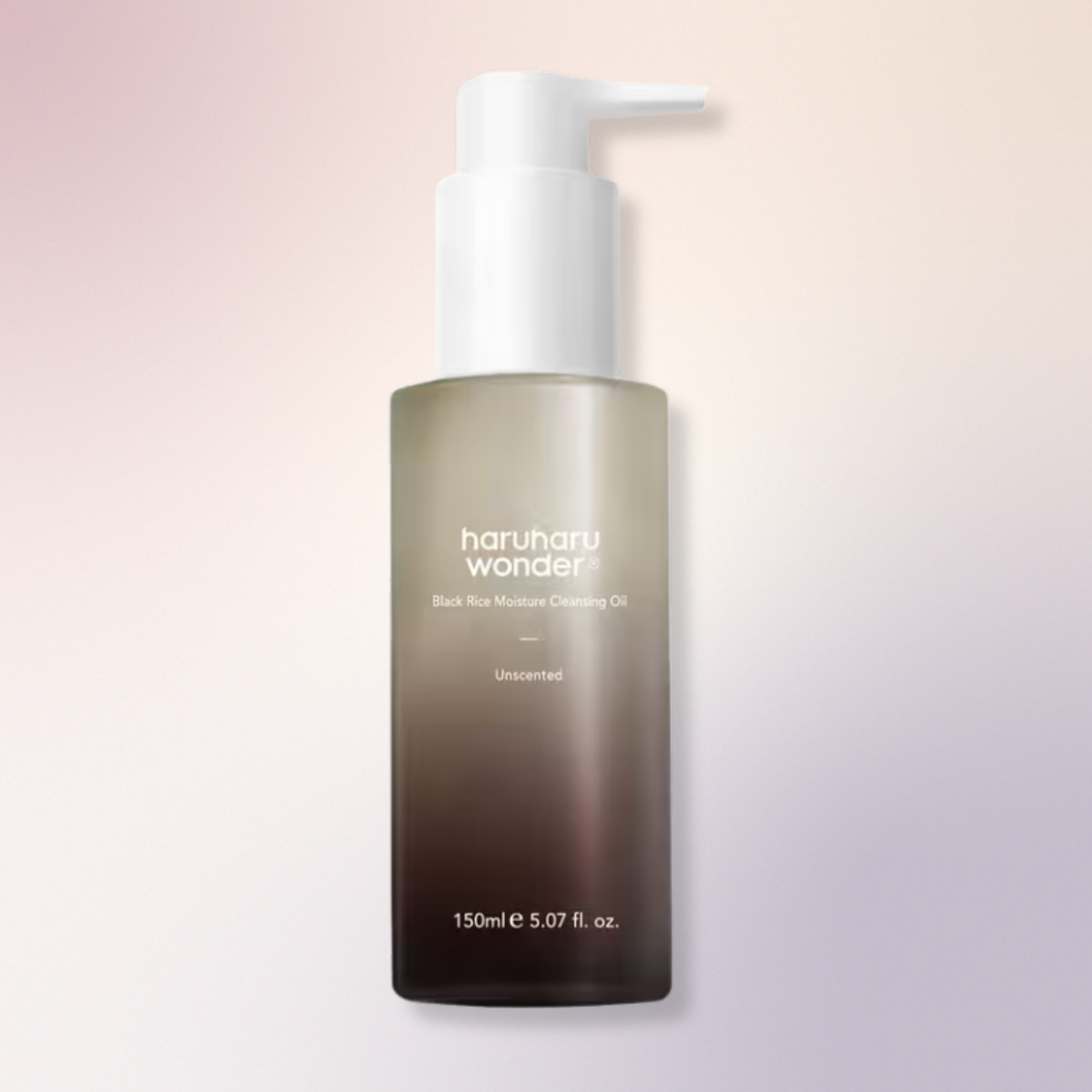 Haruharu Wonder Black Rice Moisture Cleansing Oil in a frosted gradient bottle with a white pump dispenser, set against a soft pink and purple gradient background.