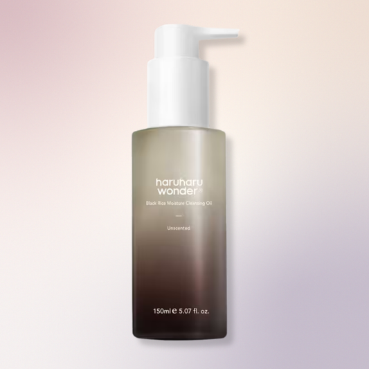 Haruharu Wonder Black Rice Moisture Cleansing Oil in a frosted gradient bottle with a white pump dispenser, set against a soft pink and purple gradient background.