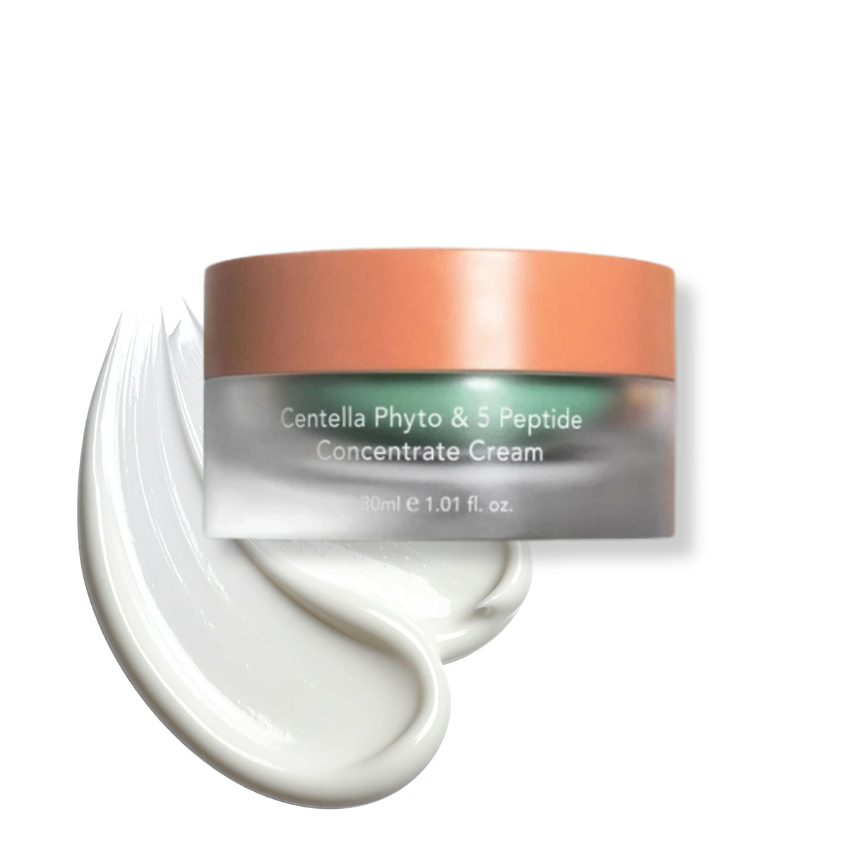 haruharu wonder - Centella Phyto & 5 Peptide Concentrate Cream in a frosted jar with a peach-colored lid, shown with a swirl of white cream on a white background.