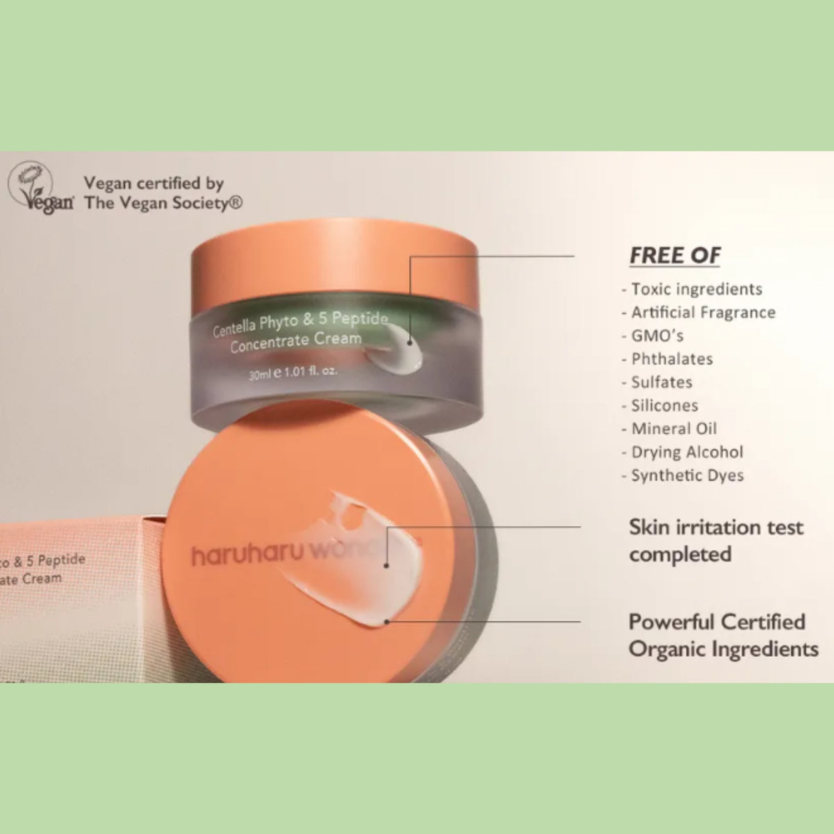 haruharu wonder - Centella Phyto & 5 Peptide Concentrate Cream, shown alongside the product text callouts on a pale green background. The brand name 'haruharu' is visible on the lid.