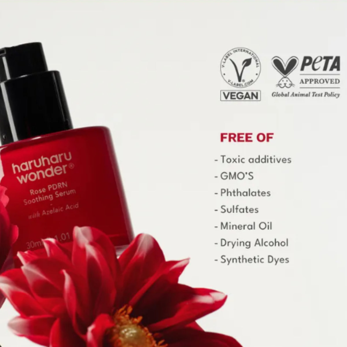 haruharu wonder Rose PDRN Soothing Serum with Azelaic Acid, shown on a white background with Vegan and PETA Approved logos and a red flower at the bottom.