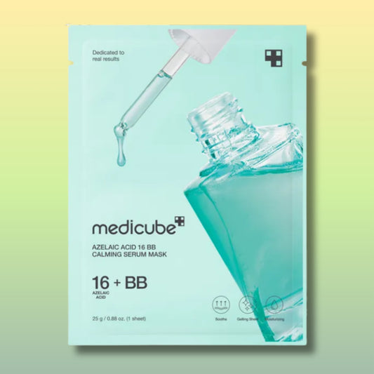 Medicube 16 + BB Azelaic Acid 16 BB Calming Serum Mask sheet packaging, featuring a light mint green background with a graphic of a glass dropper and a clear serum bottle.