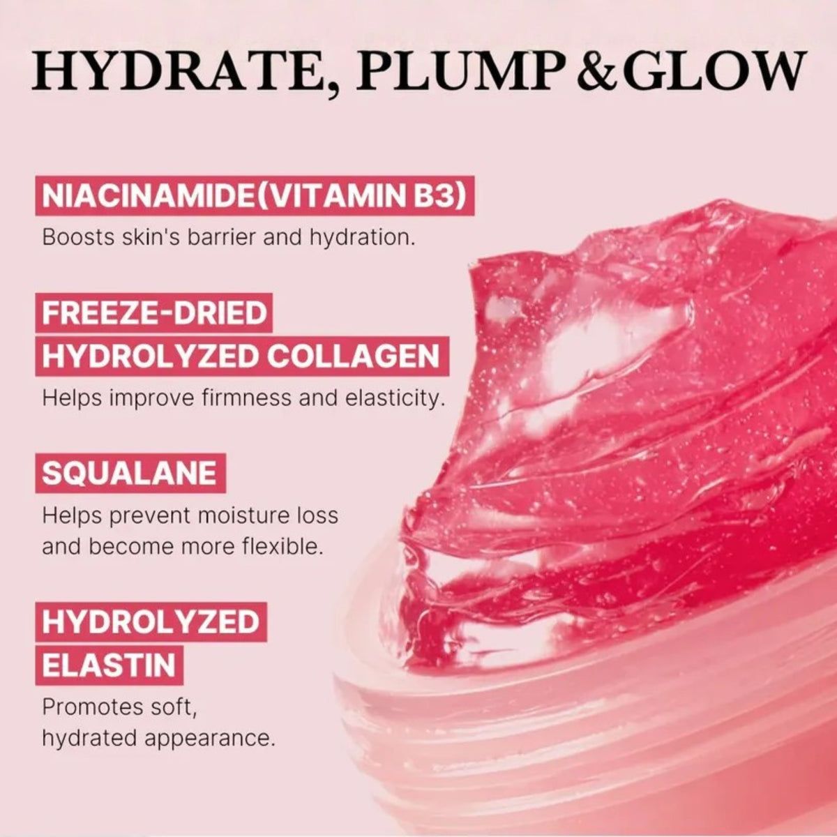 A pink cosmetic ingredient infographic with the headline 'HYDRATE, PLUMP & GLOW' and text listing benefits for niacinamide (vitamin B3), freeze-dried hydrolyzed collagen, squalane, and hydrolyzed elastin, alongside a translucent pink gel swatch.