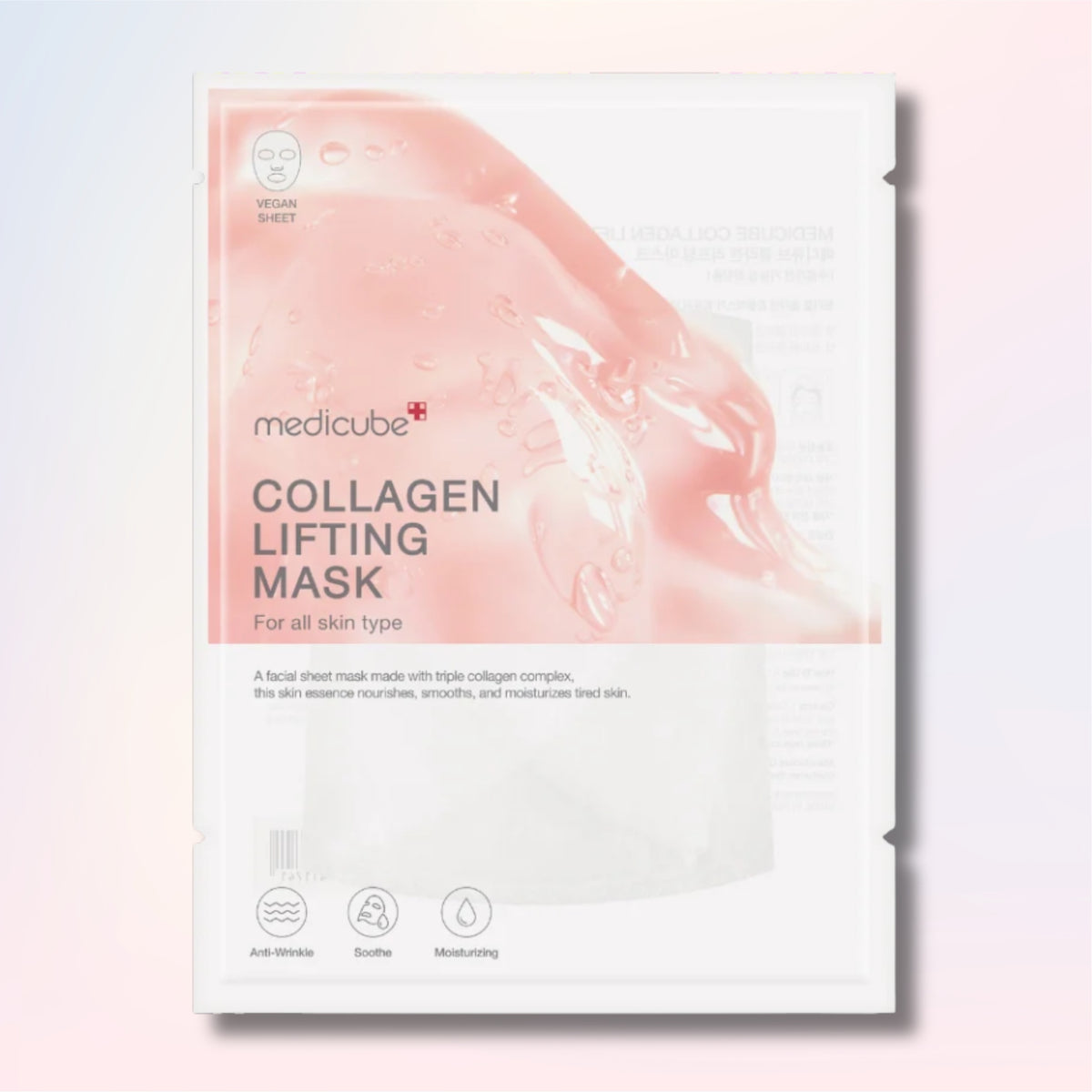 Medicube Collagen Lifting Mask sheet packaging, featuring a soft pink and white design with an illustration of a lifting mask on the front.