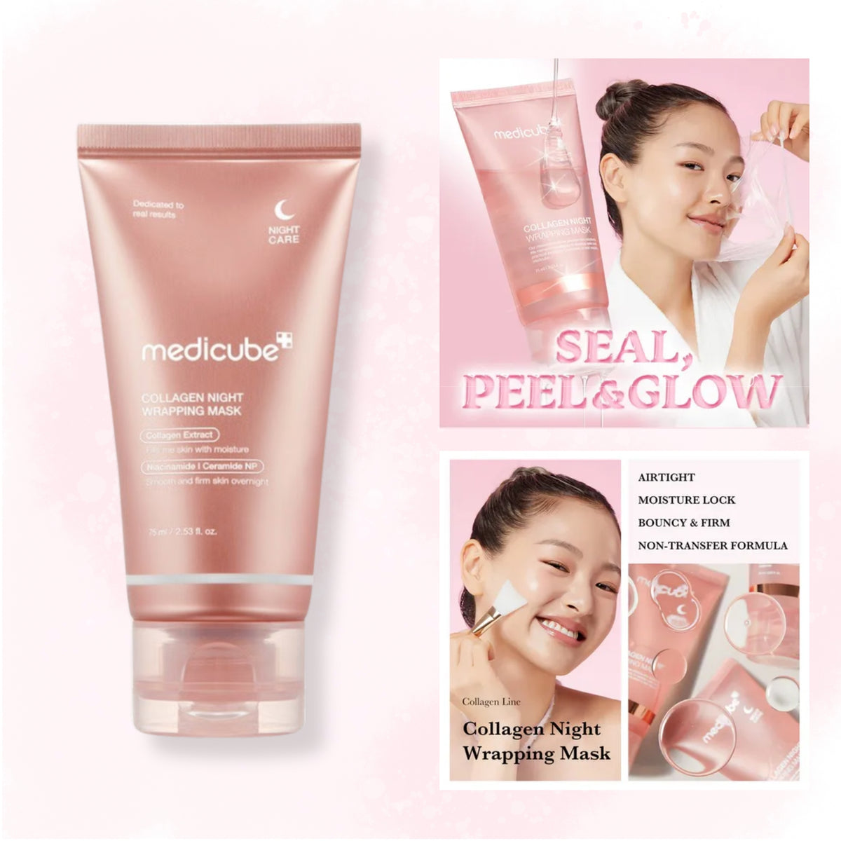 Medicube Collagen Night Wrapping Mask in a metallic pink squeeze tube, shown alongside promotional panels featuring a woman applying the mask and text highlighting its benefits.