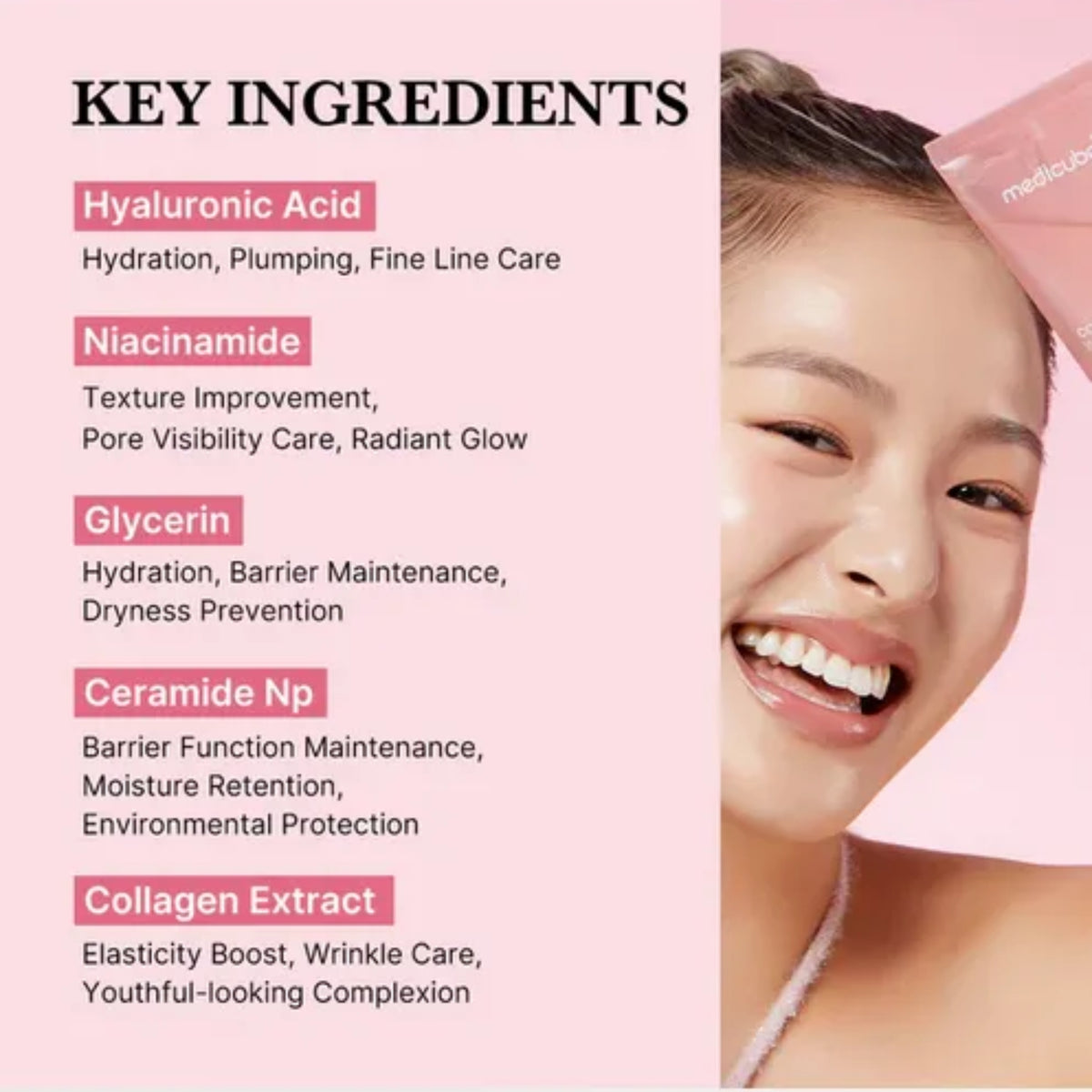 Product packaging with key ingredients listed on a pink background, featuring a smiling person.