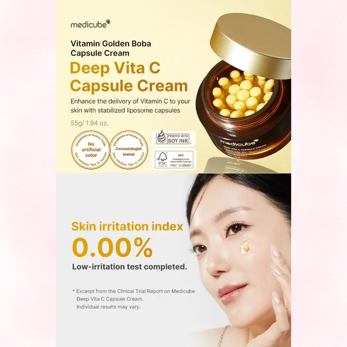Promotional graphic for Medicube Deep Vita C Capsule Cream, showing the open brown jar filled with golden capsules, product text, and a woman applying cream to her cheek against a soft pink and cream background.