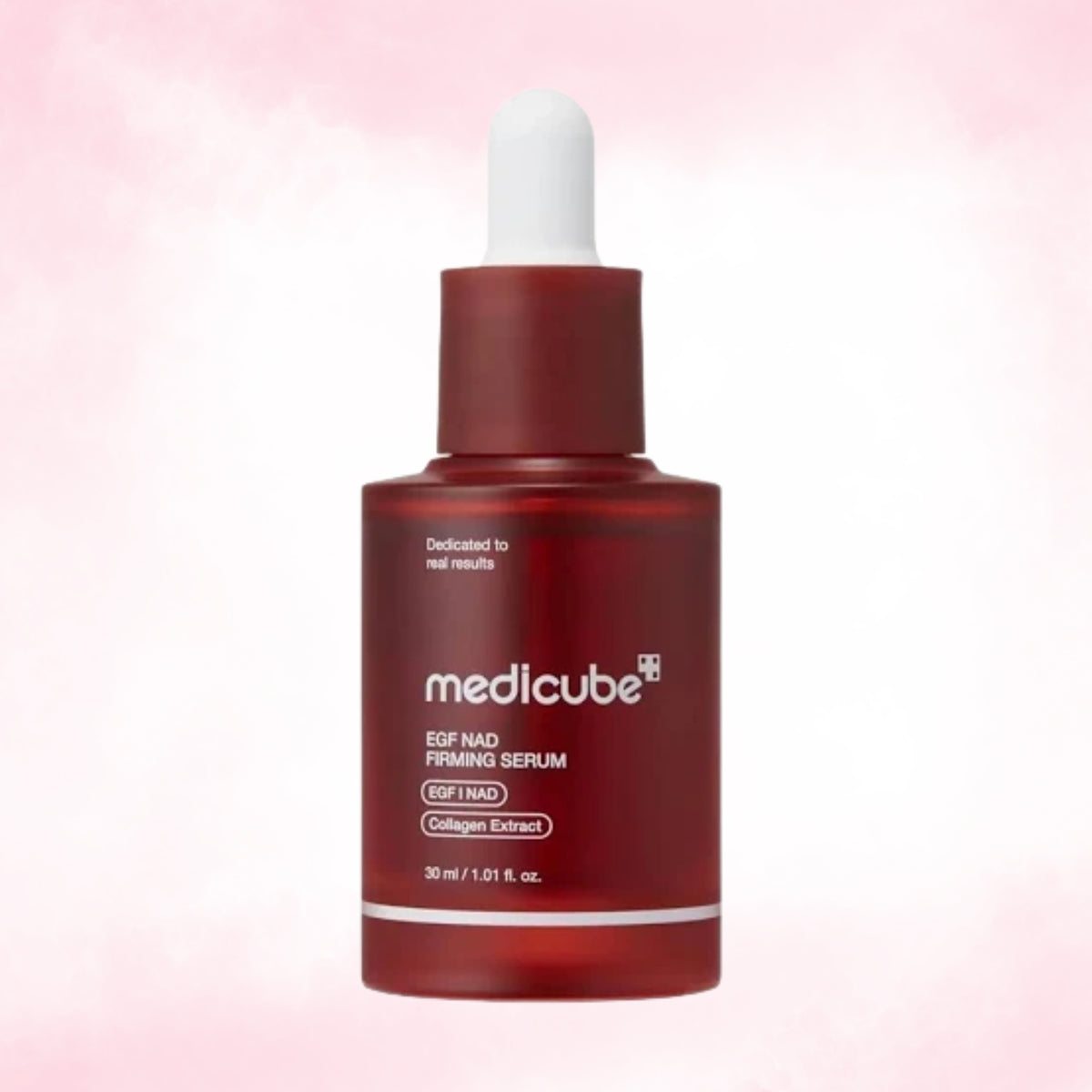 Medicube EGF NAD+ Firming Serum in a dark red glass dropper bottle with a white cap, centered on a soft pink and white gradient background.