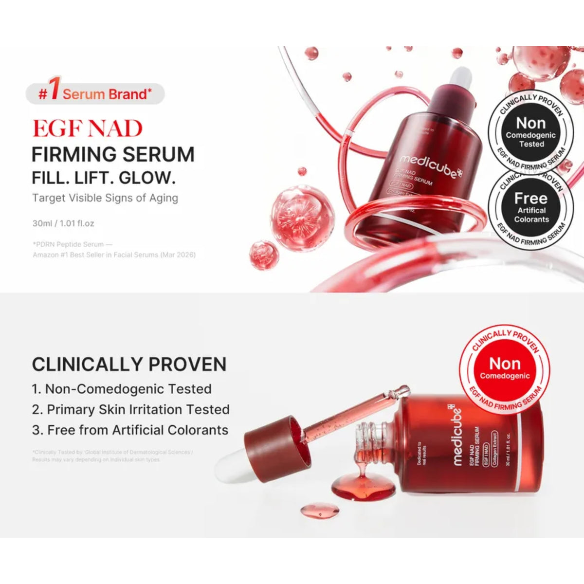 MediCube EGF NAD Firming Serum in a dark red bottle with a white dropper, shown alongside text highlighting clinical benefits and a red serum droplet graphic on a white background.