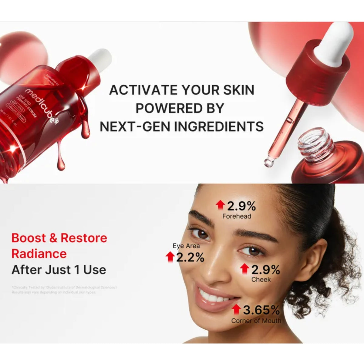 Medpude skincare ad showing red dropper bottles, a close-up of a woman's face with highlighted skin areas, and text claiming activation of skin powered by next-gen ingredients and boost and restore radiance after just 1 use.