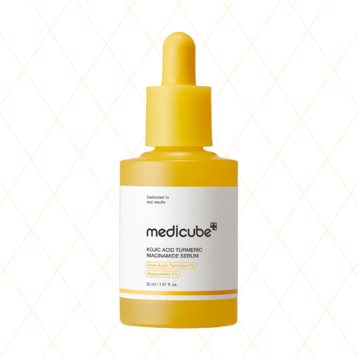 A bottle of medicube Kojic Acid Turmeric Niacinamide Serum with a yellow dropper cap and white label, set against a white background with a faint gold diamond pattern.
