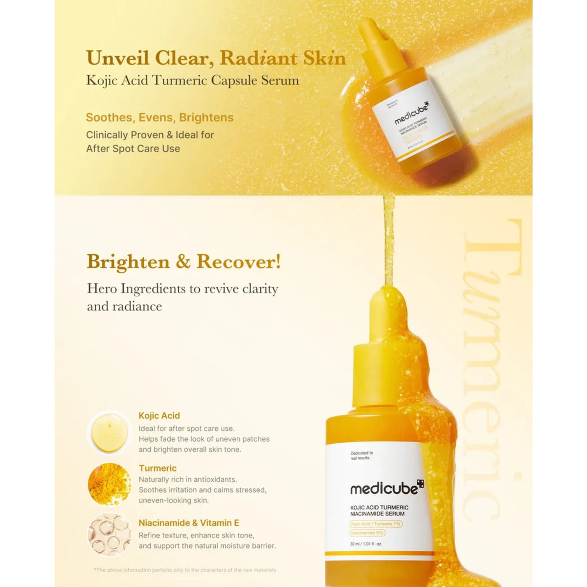 Medicube Kojic Acid Turmeric Capsule Serum in a golden yellow dropper bottle, shown in a split layout with text overlays highlighting its benefits for skin clarity and radiance.