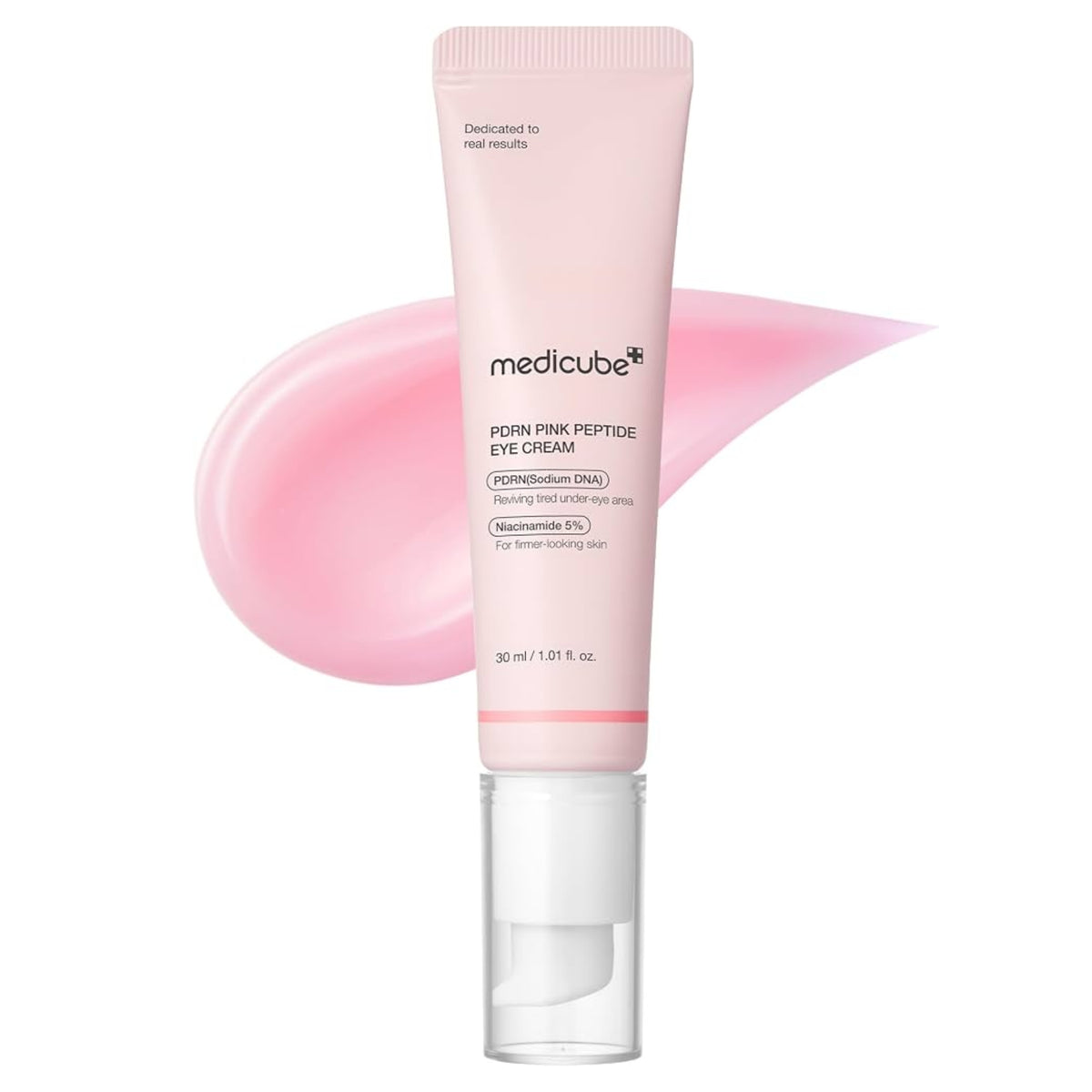 A squeeze tube of medicube PDRN Pink Peptide Eye Cream with a clear cap, shown in front of a pink cream swatch on a white background.