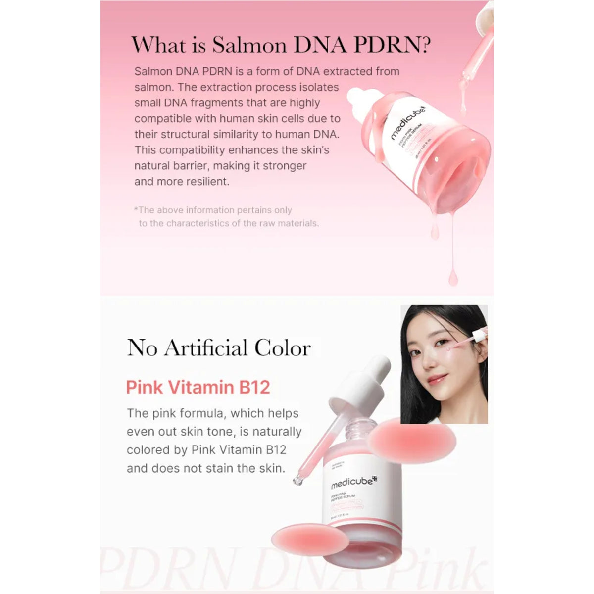 A graphic for a medicube-PDRN Pink Peptide Serum Two sections: the top explains 'Salmon DNA PDRN' with a pink bottle and droplets, and the bottom highlights 'Pink Vitamin B12' with a model showing clear skin and a droplet.