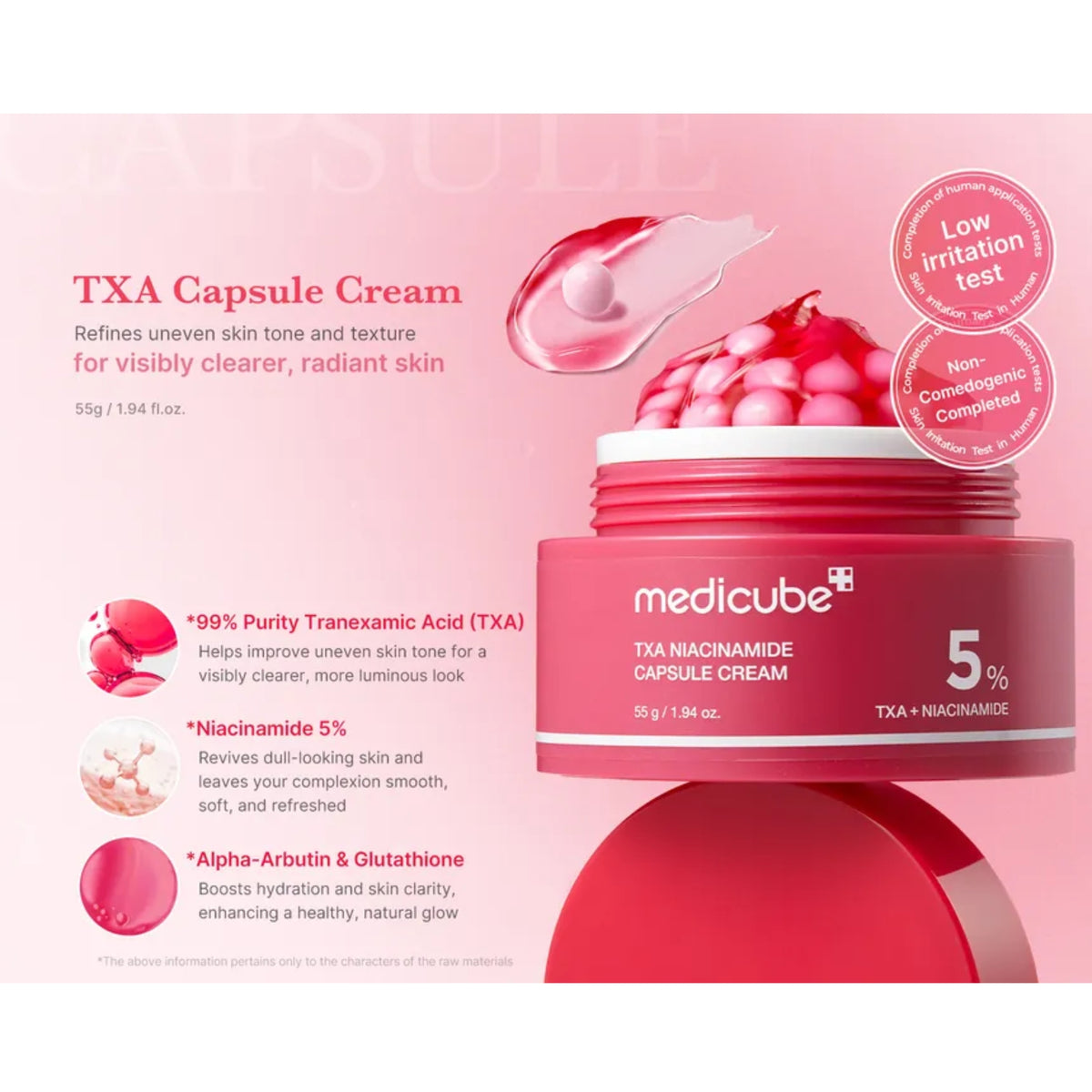 Medicube TXA Niacinamide Capsule Cream jar in a vibrant pink and red color scheme, shown with a pomegranate lid and a gel droplet graphic on a matching pink background with product details and benefits.