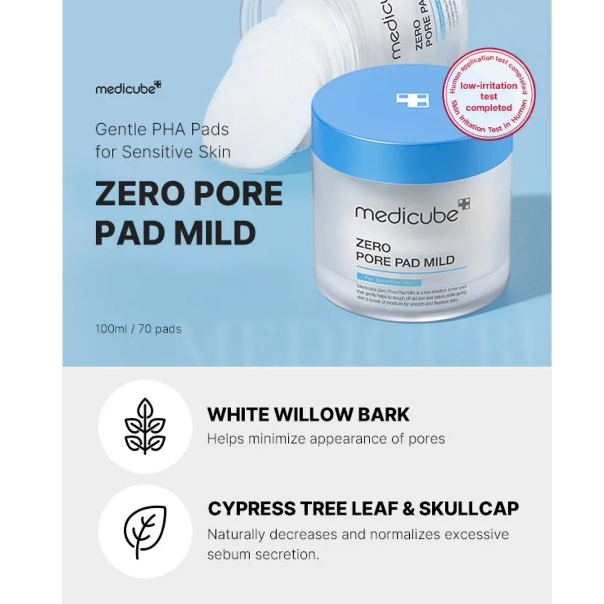Medicube Zero Pore Pad Mild packaging and product jar on a light blue and white background, with text describing gentle PHA pads for sensitive skin and ingredients like white willow bark and cypress tree leaf & skullcap.