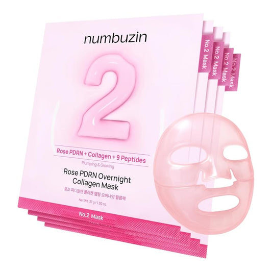 Numbuzin Rose PDRN Overnight Collagen Mask No. 2 Set packaging with several pink mask packets fanned out behind a translucent pink sheet mask on a white background.