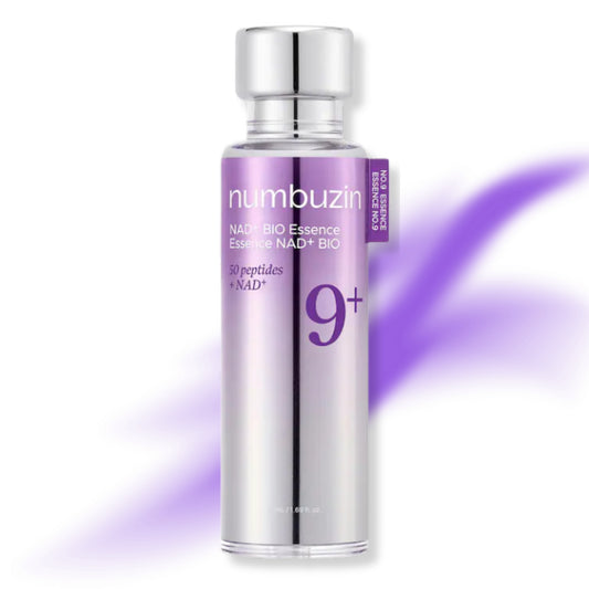 numbuzin - No.9 NAD Bio Lifting-sil Essence on a white background with a purple graphic accent.