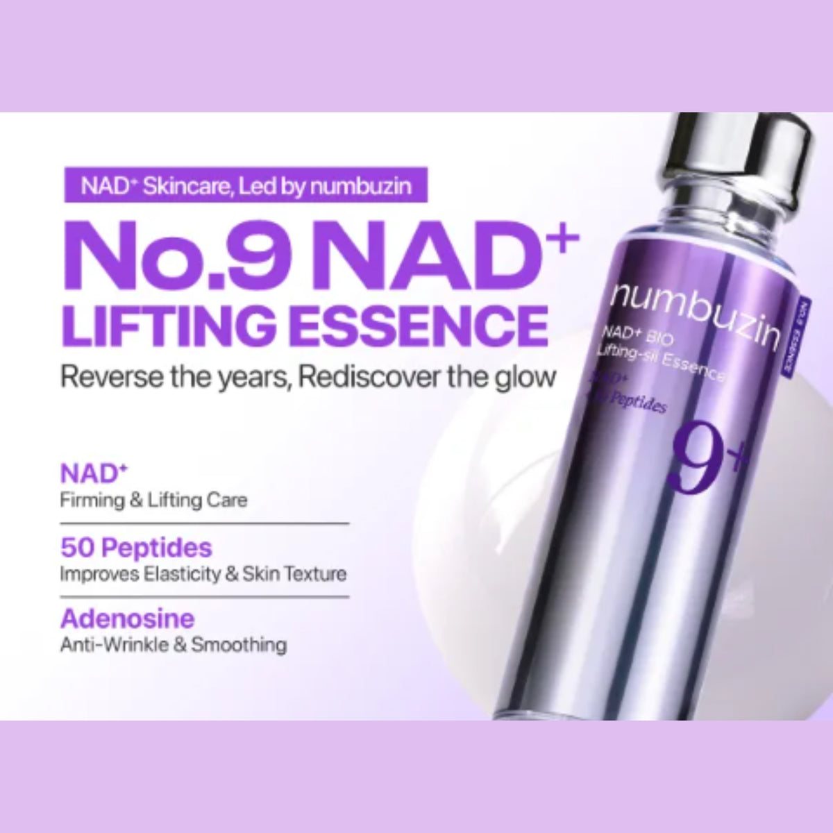 Numbuzin No.9 NAD+ Lifting Essence bottle on a light purple and white background with promotional text.