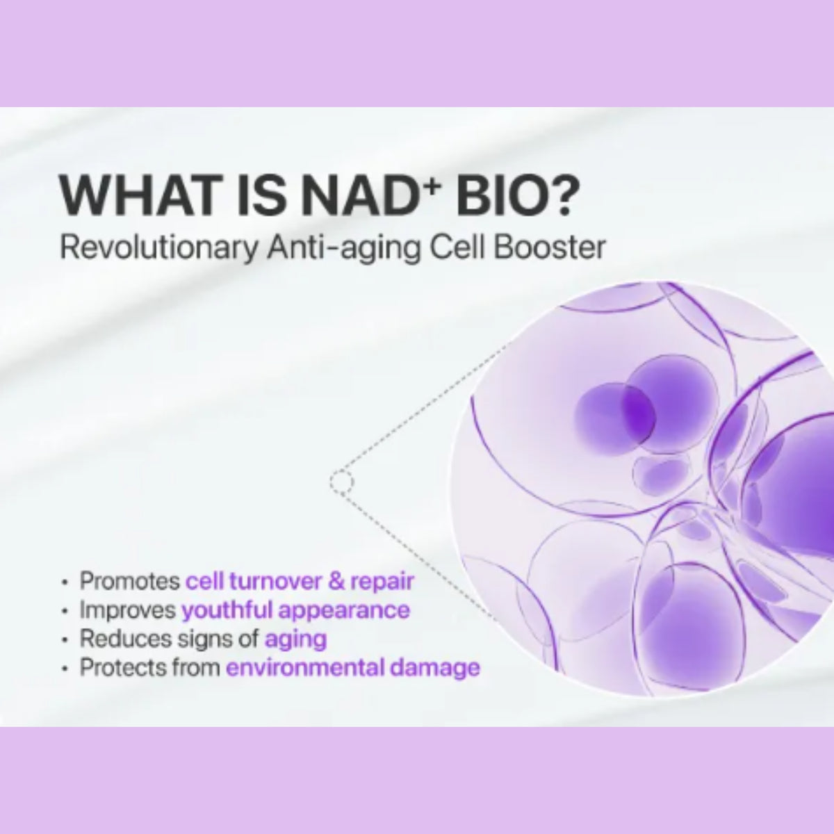 Promotional graphic for numbuzin - No.9 NAD Bio Lifting-sil Essence, featuring text that reads 'WHAT IS NAD+ BIO?' and 'Revolutionary Anti-aging Cell Booster,' with bullet points about cell turnover, youthful appearance, reduced aging signs, and protection against environmental damage. The design uses a white background with lavender and purple accents and a circular cell diagram.