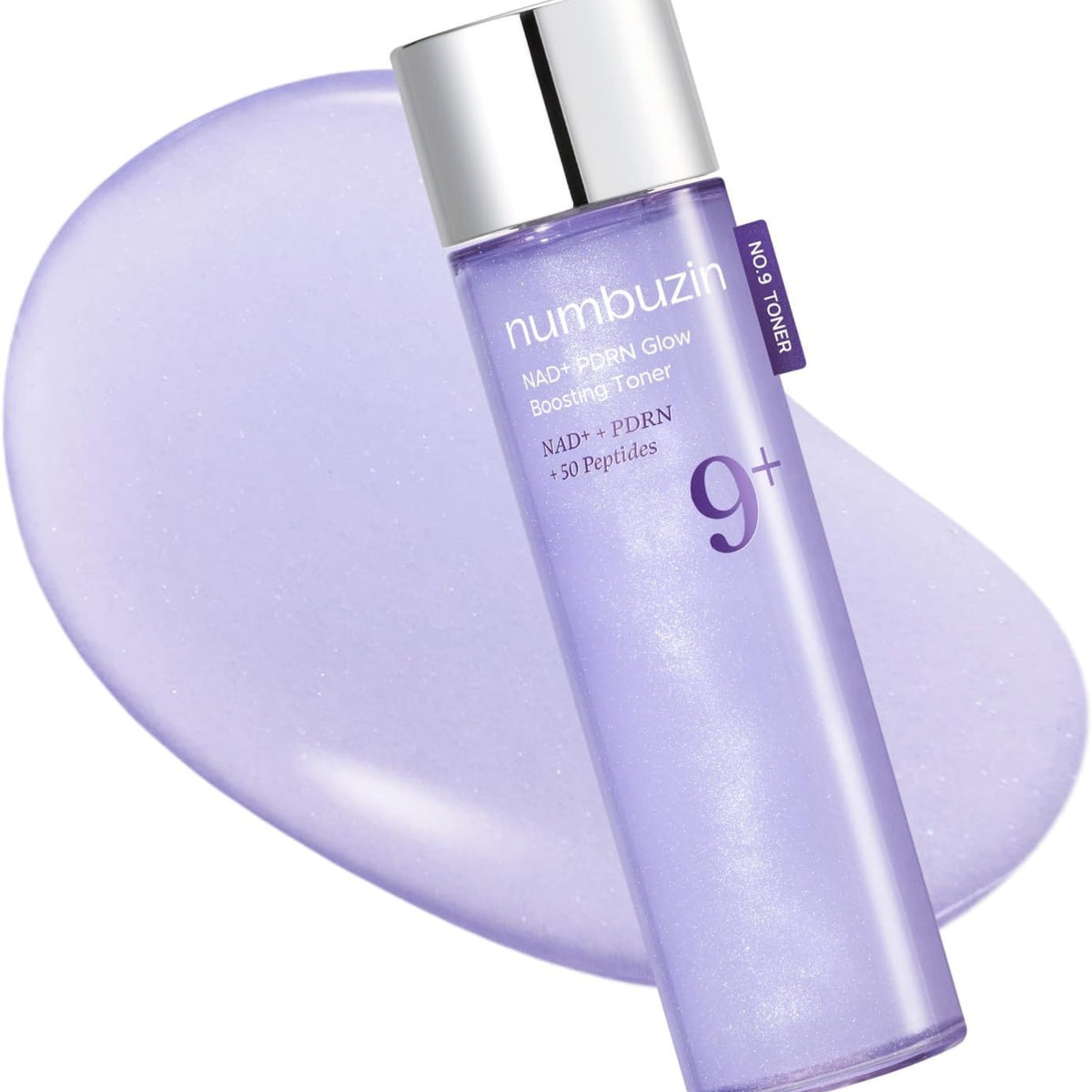 Numbuzin 9+ NAD+ PDRN Glow Boosting Toner in a translucent lavender bottle with a silver cap, set against a matching lavender cream swatch on a white background.