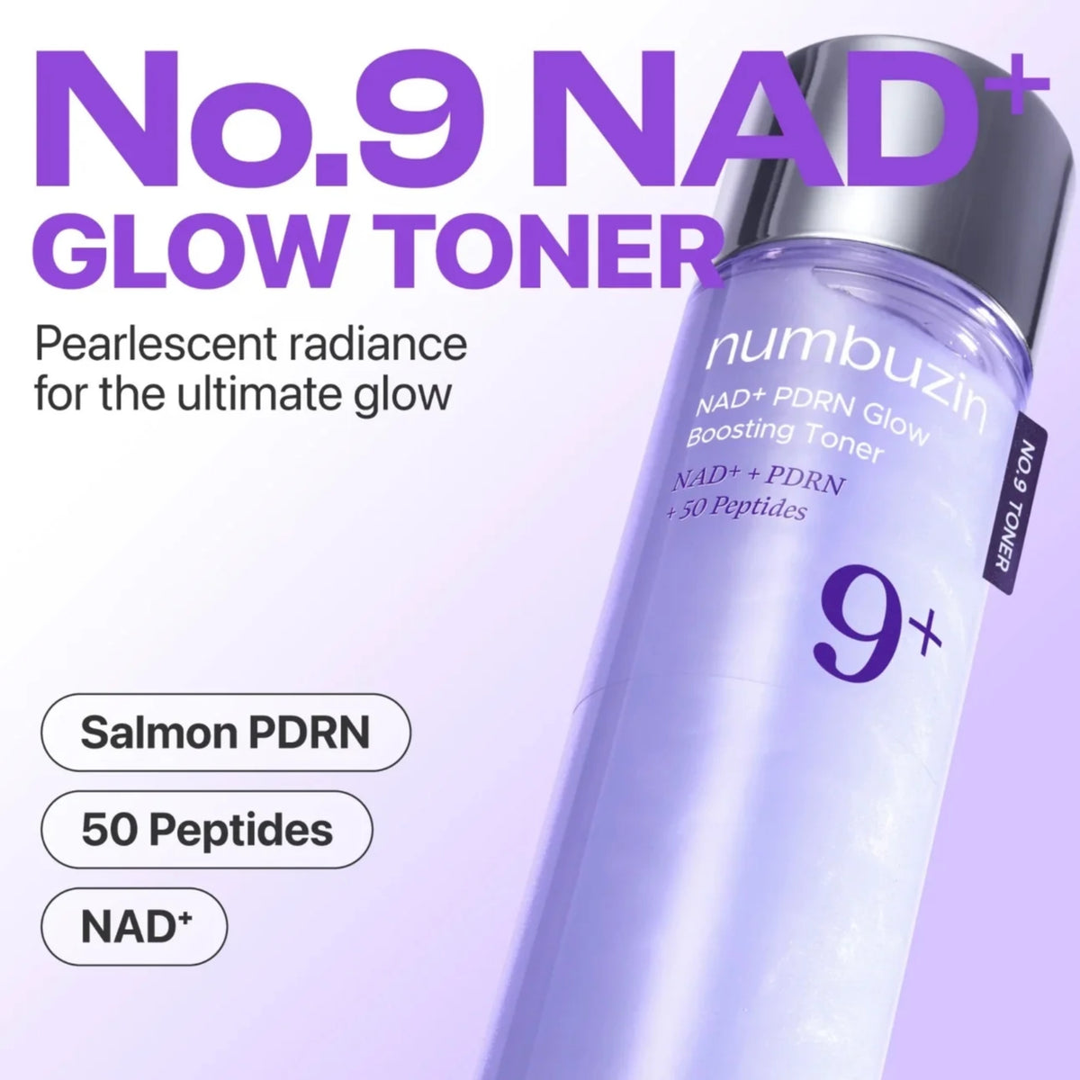 A bottle of numbuzin No.9 NAD+ Glow Toner shown at an angle on a light lavender background with promotional text.