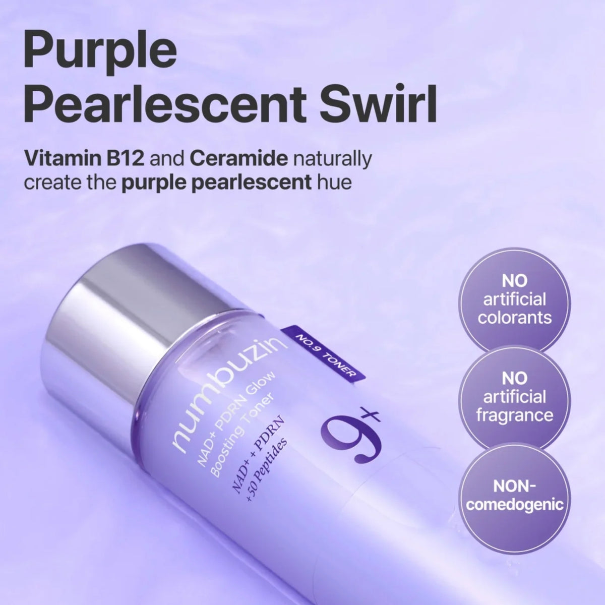 Numbuzin 9+ NAD+ PDRN Glow Boosting Toner with text about ingredients and properties on a light purple background
